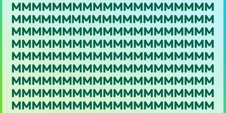 Desafio visual com um padrão de letras M repetidas em várias linhas com fundo verde