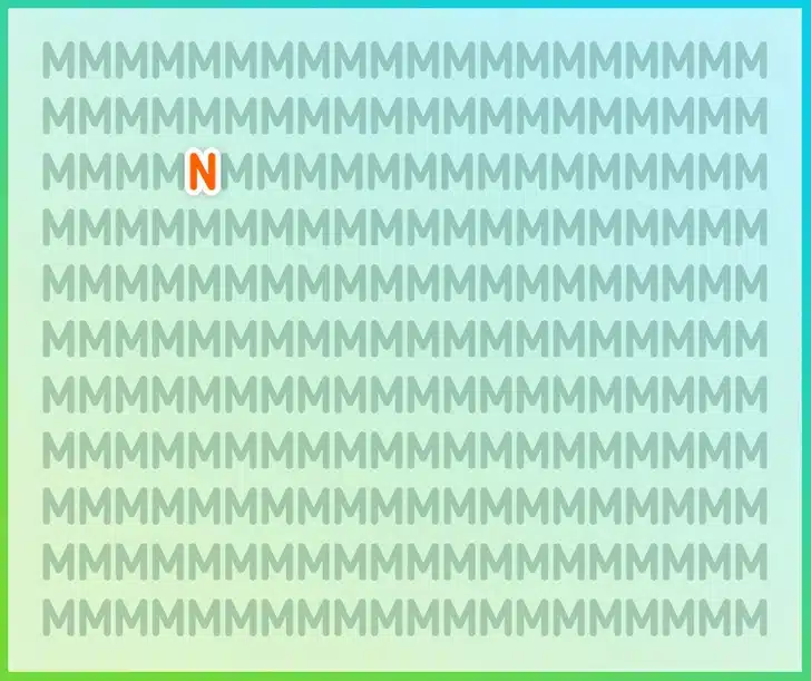 Desafio visual com um padrão de letras M repetidas em várias linhas com fundo verde