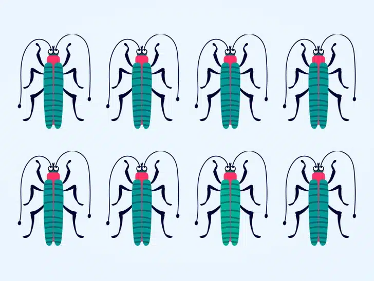 Encontre o inseto fora do padrão nesta imagem com oito insetos. Desafio visual com oito insetos verdes com cabeça vermelha e antenas em fundo claro, organizados em duas fileiras