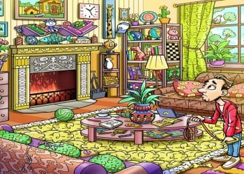 Desafio visual com lareira acesa, móveis coloridos, plantas, brinquedos, e homem olhando ao redor