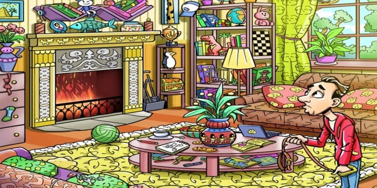 Desafio visual com lareira acesa, móveis coloridos, plantas, brinquedos, e homem olhando ao redor