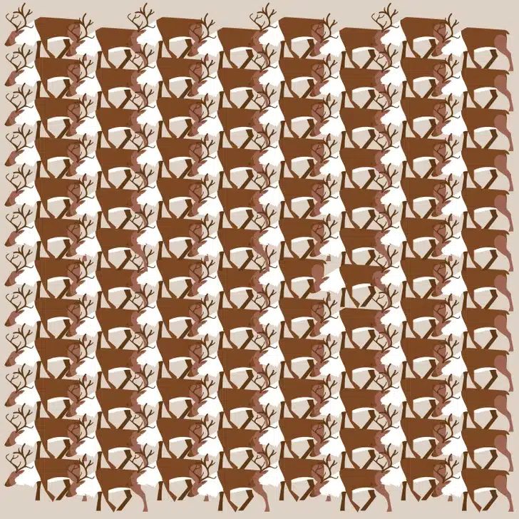 Encontre o único cervo sem chifres. Desafio visual com um padrão repetitivo de cervos marrons, exibindo galhadas entrelaçadas sobre um fundo bege.