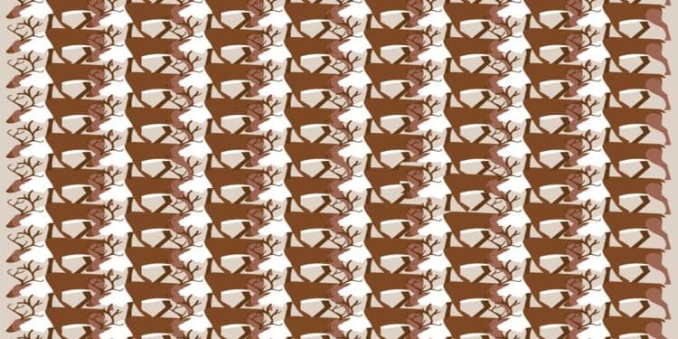 Desafio visual com um padrão repetitivo de cervos marrons, exibindo galhadas entrelaçadas sobre um fundo bege.