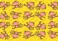 Desafio visual com uma ilustração com vários macacos em diferentes poses sobre fundo amarelo
