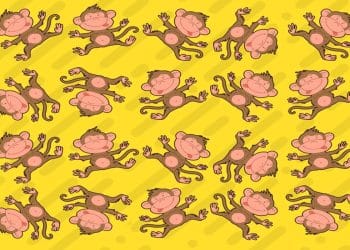 Desafio visual com uma ilustração com vários macacos em diferentes poses sobre fundo amarelo