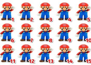 Desafio visual com várias imagens do personagem Mario usando chapéus, numeradas de 1 a 15.