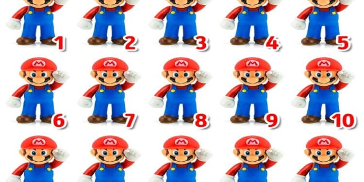 Desafio visual com várias imagens do personagem Mario usando chapéus, numeradas de 1 a 15.