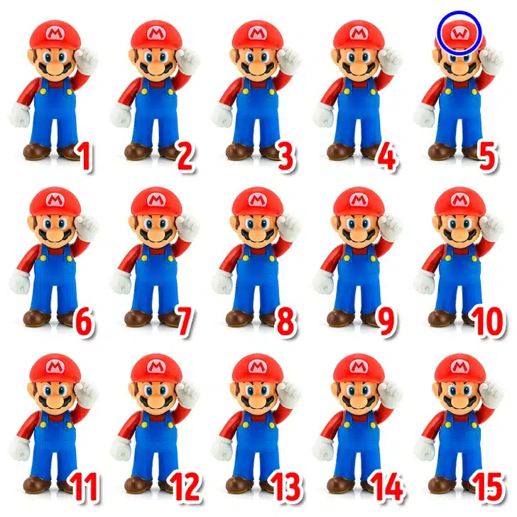 Desafio visual com várias imagens do personagem Mario usando chapéus, numeradas de 1 a 15.