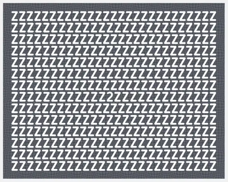 Desafio visual mostrando várias letras Z com o número 2 camuflado. Desafio visual com letras Z em branco em fundo escuro, com um caractere diferente escondido entre elas
