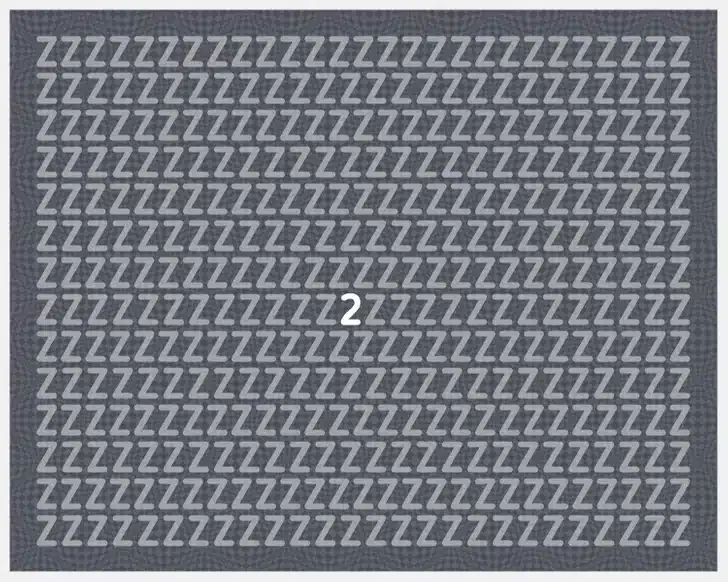 Imagem com várias letras Z e o número 2 para encontrar Desafio visual com letras Z em branco em fundo escuro, com um caractere diferente escondido entre elas