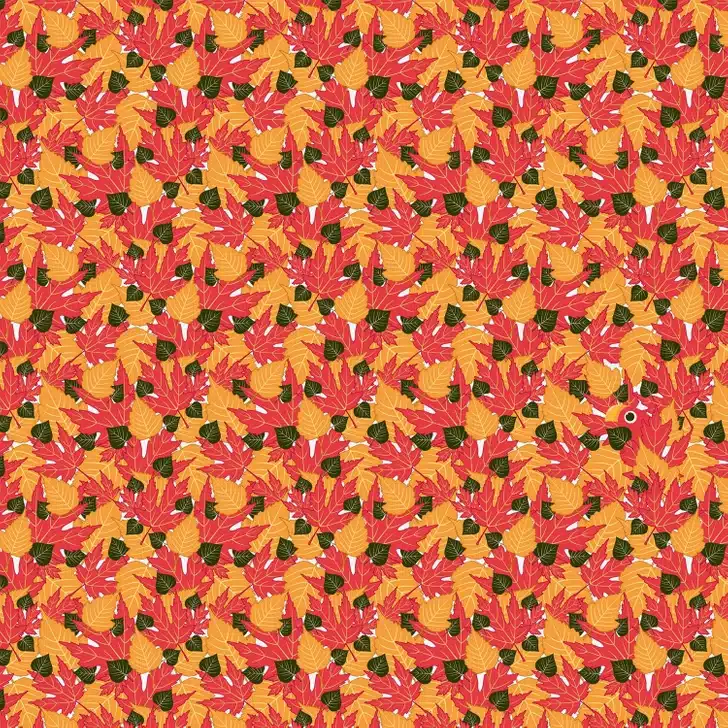 Ache o papagaio camuflado entre as folhas de outono. Desafio visual com fundo colorido, repleto de folhas vermelhas, amarelas e verdes, e um pássaro escondido