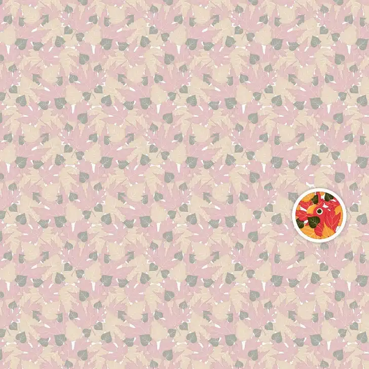 Desafio visual com folhas de outono e um papagaio escondido. Desafio visual com fundo colorido, repleto de folhas vermelhas, amarelas e verdes, e um pássaro escondido