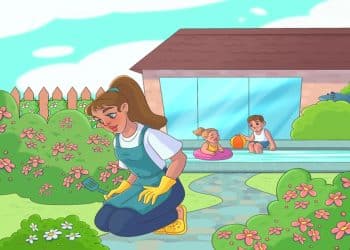 Desafio visual com uma mulher de avental cuidando das flores no jardim enquanto duas crianças brincam na piscina ao fundo