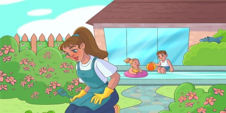 Desafio visual com uma mulher de avental cuidando das flores no jardim enquanto duas crianças brincam na piscina ao fundo