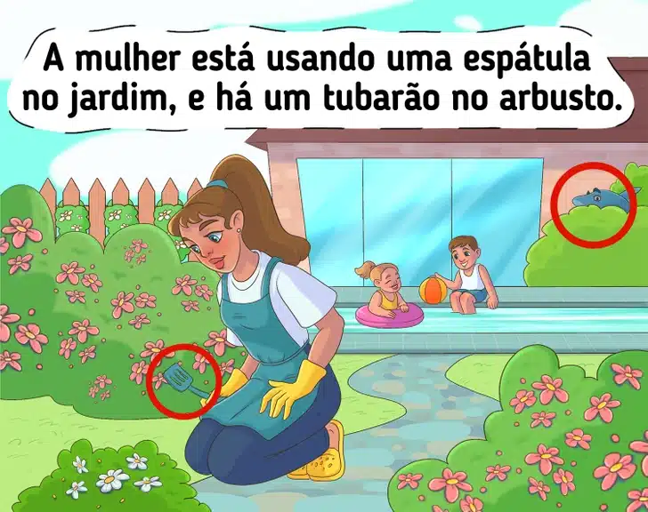 Ache dois erros na imagem com uma mulher cuidando do jardim com crianças brincando na piscina Desafio visual com uma mulher de avental cuidando das flores no jardim enquanto duas crianças brincam na piscina ao fundo