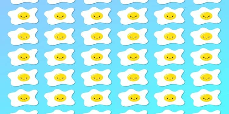 Desafio visual com um padrão de ovos estrelados desenhados com rostos amarelos sorridentes em fundo azul.