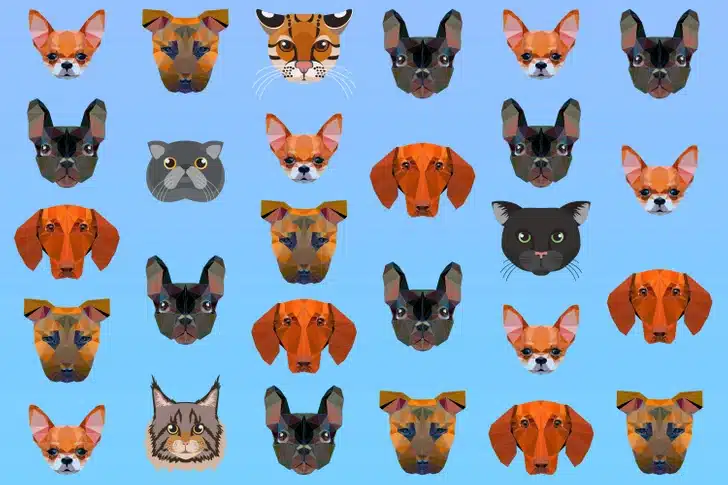 Ache os gatos escondidos entre os vários rostos de cães sobre um fundo azul. Desafio visual com vários rostos geométricos estilizados de gatos e cães coloridos sobre fundo azul