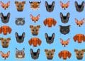 Desafio visual com vários rostos geométricos estilizados de gatos e cães coloridos sobre fundo azul