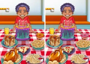 Desafio visual com um menino sorrindo em festa com bolo roxo e alimentos diversos sobre mesa xadrez vermelha