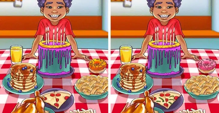 Desafio visual com um menino sorrindo em festa com bolo roxo e alimentos diversos sobre mesa xadrez vermelha