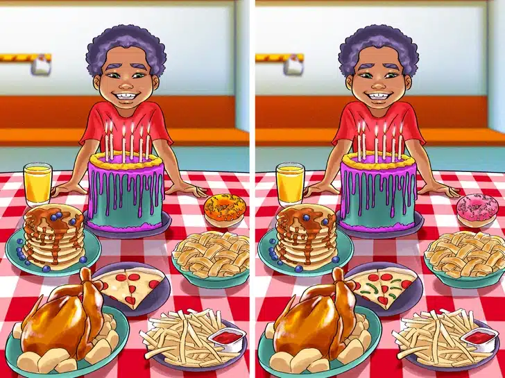 Desafio visual com um menino sorrindo em festa com bolo roxo e alimentos diversos sobre mesa xadrez vermelha