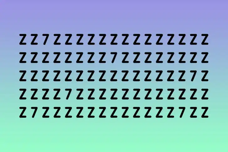 Desafio visual com letras Z e números 7 escondidos. Desafio visual com uma imagem de fundo com degradê azul para verde e linhas em letras Z