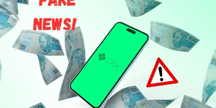 Imagem ilustrativa de fake news sobre transações Pix acima de R$ 5 mil sem taxas, com celular e notas de R$ 100 ao fundo.