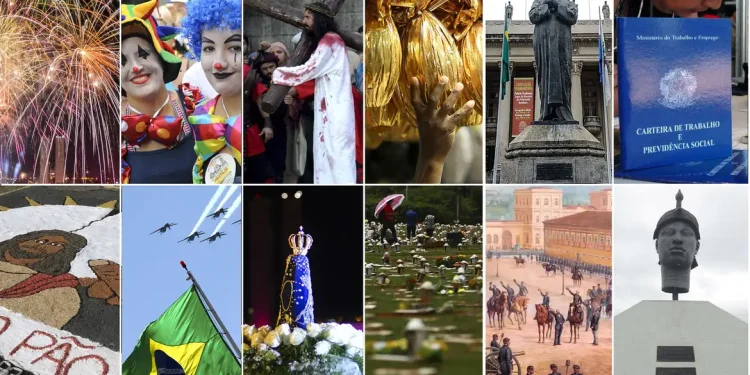 Colagem com fotos de celebrações, manifestações culturais, religiosas, cívicas e históricas do Brasil
