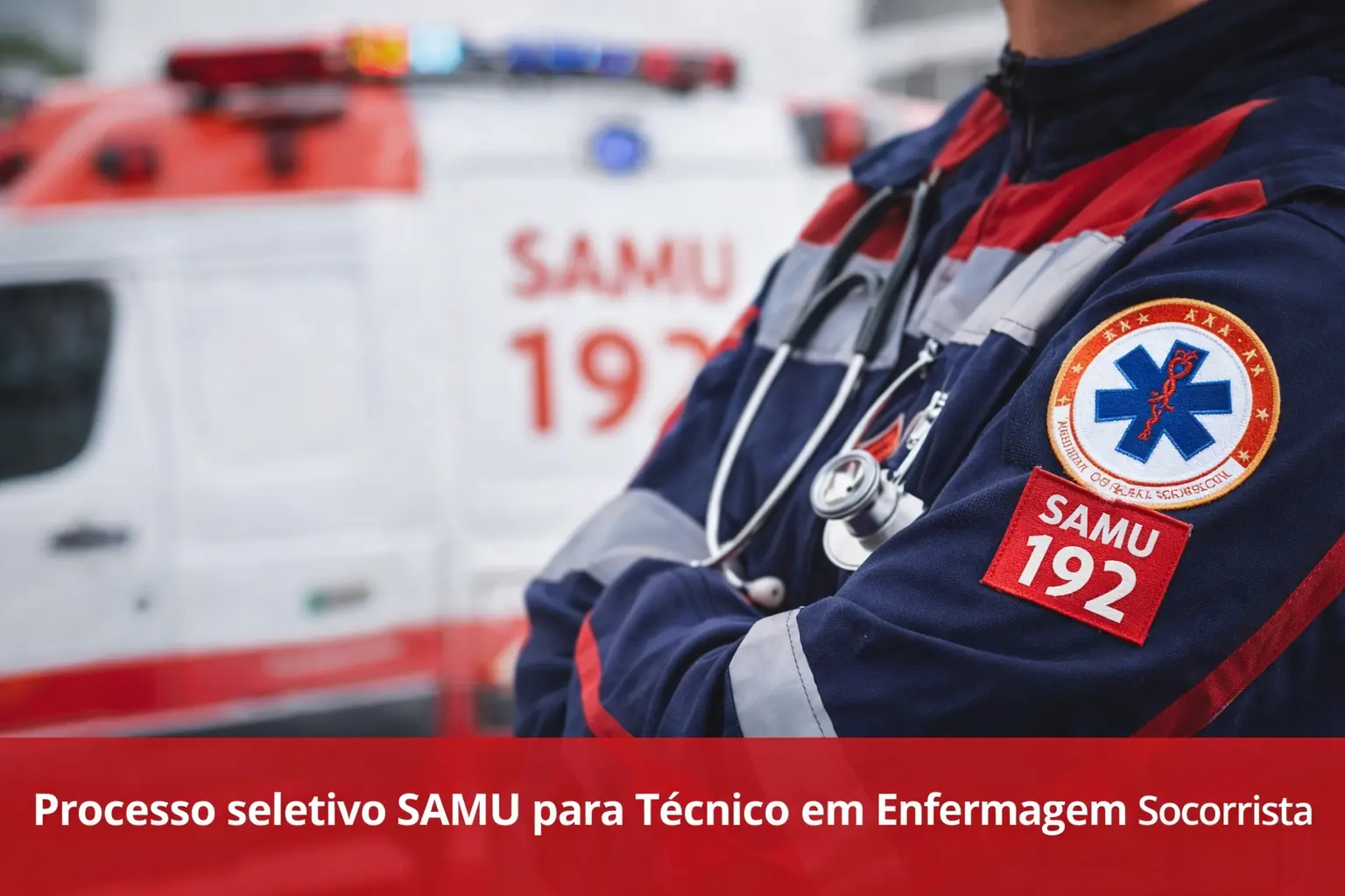 Inscrições abertas para o processo seletivo do SAMU 192. Profissional do SAMU em frente à ambulância ilustrando abertura das inscrições do concurso.