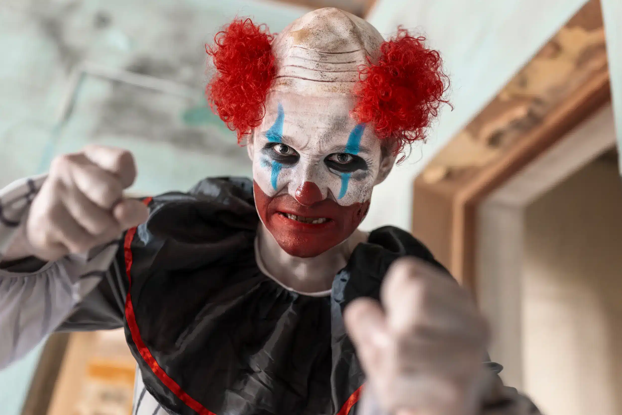 Medo de Palhaço Palhaço assustador com maquiagem exagerada e expressão ameaçadora, representando o medo de palhaços.