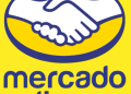 Logo Mercado Livre com fundo amarelo e duas mãos se apertando em um círculo azul