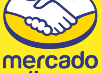 Logo Mercado Livre com fundo amarelo e duas mãos se apertando em um círculo azul