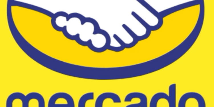 Logo Mercado Livre com fundo amarelo e duas mãos se apertando em um círculo azul