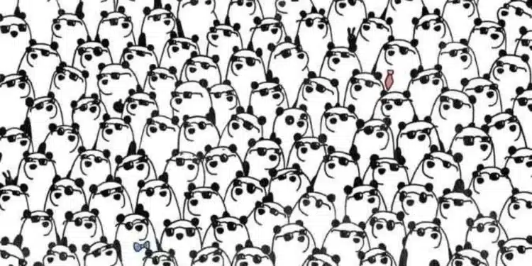 Ilustração em preto e branco de muitos pandas usando óculos escuros, com um panda diferente usando gravata vermelha.