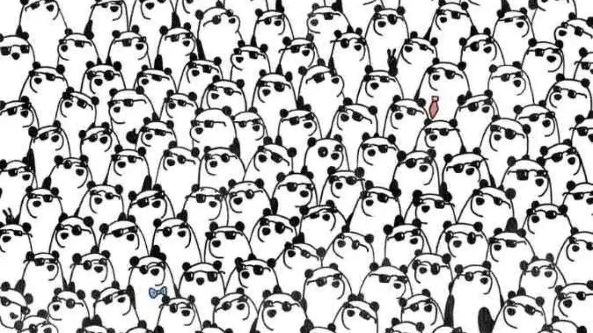 Encontre o panda diferente. Ilustração em preto e branco de muitos pandas usando óculos escuros, com um panda diferente usando gravata vermelha.