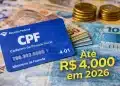 Cartão CPF da Receita Federal sobre cédulas de R$50 e R$100, com destaque para o benefício de até R$4.000.