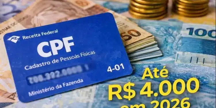 Cartão CPF da Receita Federal sobre cédulas de R$50 e R$100, com destaque para o benefício de até R$4.000.