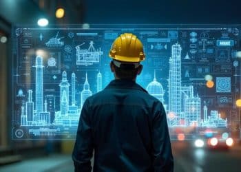 Engenheiro observando projeções digitais de estruturas industriais em ambiente urbano noturno.