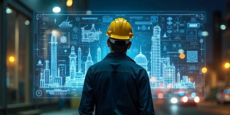 Engenheiro observando projeções digitais de estruturas industriais em ambiente urbano noturno.