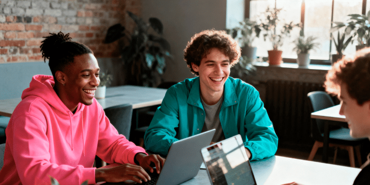 Três jovens homens sorrindo e trabalhando juntos em laptops em uma sala com paredes de tijolos e plantas ao fundo