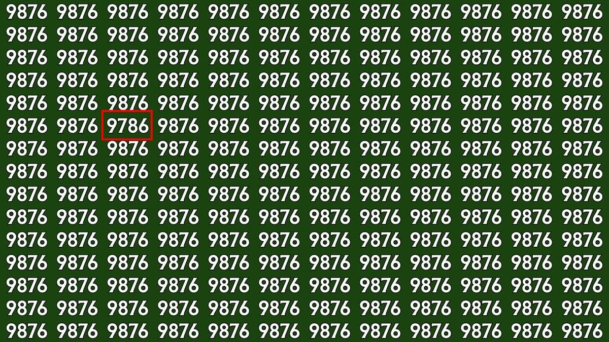 Números 9876 repetidos em fundo verde com um número 9786 diferente dentro de quadrado vermelho.