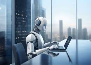 Robô (IA) trabalhando em laptop em escritório moderno, simbolizando a automação e o impacto da tecnologia no mercado de trabalho.