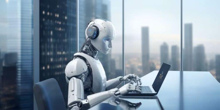Robô (IA) trabalhando em laptop em escritório moderno, simbolizando a automação e o impacto da tecnologia no mercado de trabalho.