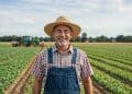Agricultor sorridente usando chapéu de palha e jardineira em um campo cultivado, com um trator ao fundo.