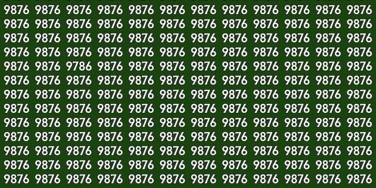 Números 9876 repetidos em fundo verde com um número 9786 diferente.