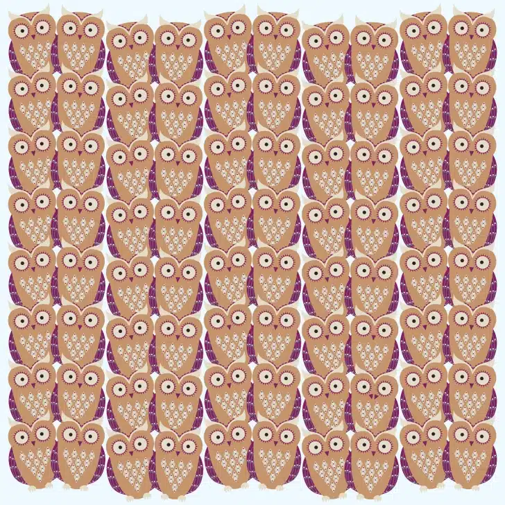Encontre a coruja fora do padrão entre várias corujas estilizadas. Teste visual com várias corujas em tons bege e roxo em padrão repetido sobre fundo claro