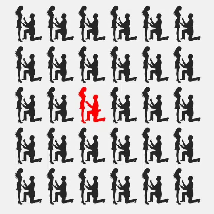 Teste visual com um mosaico de silhuetas de homem ajoelhado fazendo pedido de casamento para mulher com anel.