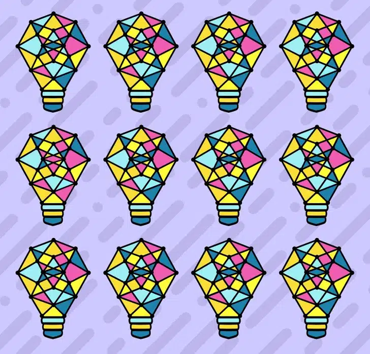 Teste visual com múltiplas lâmpadas coloridas com formas geométricas amarelas, azuis e rosas sobre fundo roxo