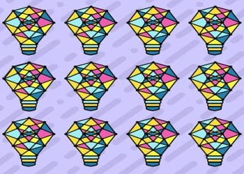 Teste visual com múltiplas lâmpadas coloridas com formas geométricas amarelas, azuis e rosas sobre fundo roxo