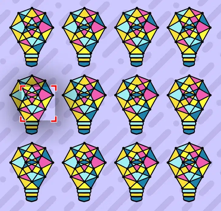 Teste visual com múltiplas lâmpadas coloridas com formas geométricas amarelas, azuis e rosas sobre fundo roxo